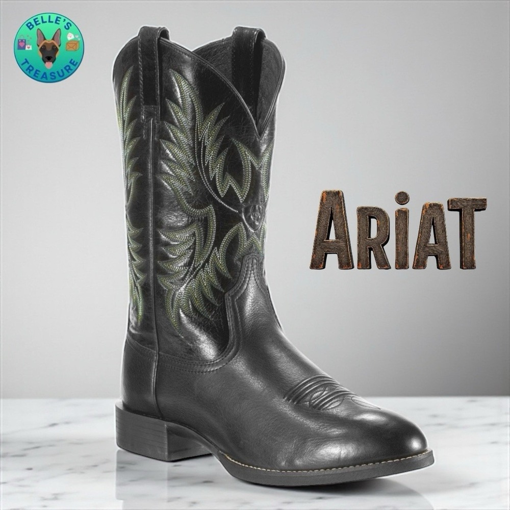 Ariat Cowboy Boots Men 9 D Heritage‎ Stockman Western Black Leather Green Stitch